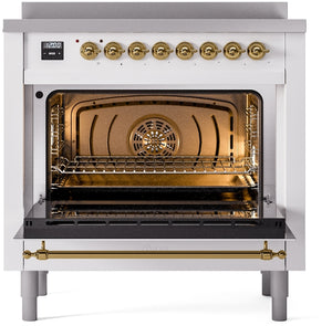 ILVE Nostalgie II 36" Induction Range with Element Stove and Electric Oven in White with Brass Trim, UPI366NMPWHG