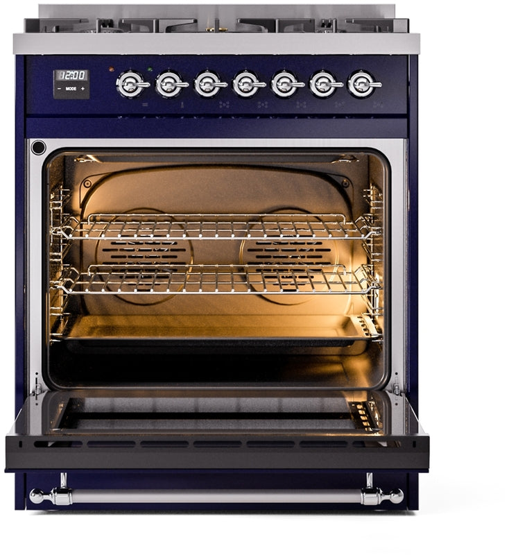 ILVE Nostalgie II 30" Dual Fuel Propane Gas Range in Blue with Chrome Trim, UP30NMPMBCLP