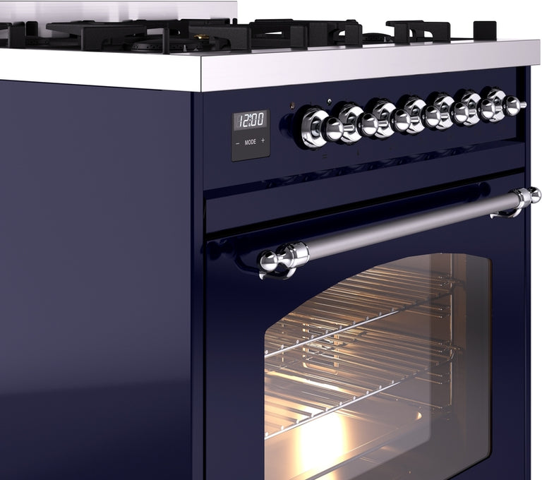 ILVE Nostalgie II 30" Dual Fuel Propane Gas Range in Blue with Chrome Trim, UP30NMPMBCLP