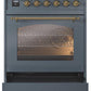 ILVE Nostalgie II 30" Induction Range with Element Stove and Electric Oven in Blue Grey with Brass Trim, UPI304NMPBGG