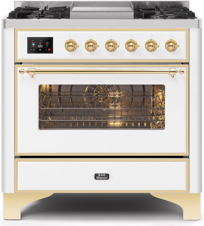 ILVE Majestic II 36" Dual Fuel Natural Gas Range in White with Brass Trim, UM09FDNS3WHG