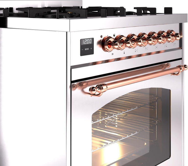 ILVE Nostalgie II 30" Dual Fuel Natural Gas Range in Stainless Steel with Copper Trim, UP30NMPSSP