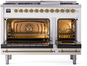 ILVE Nostalgie II 48" Dual Fuel Natural Gas Range in White with Brass Trim, UP48FNMPWHG