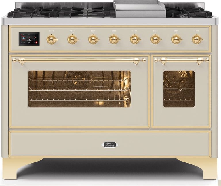 ILVE Majestic II 48" Dual Fuel Natural Gas Range in Antique White with Brass Trim, UM12FDNS3AWG