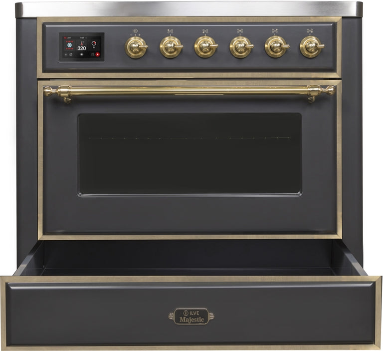 ILVE Majestic II 36" Induction Range with Element Stove and Electric Oven in Matte Graphite with Brass Trim, UMI09NS3MGG
