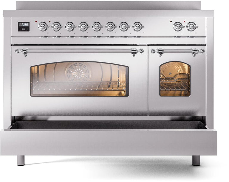 ILVE Nostalgie II 48" Induction Range with Element Stove and Electric Oven in Stainless Steel with Chrome Trim, UPI486NMPSSC