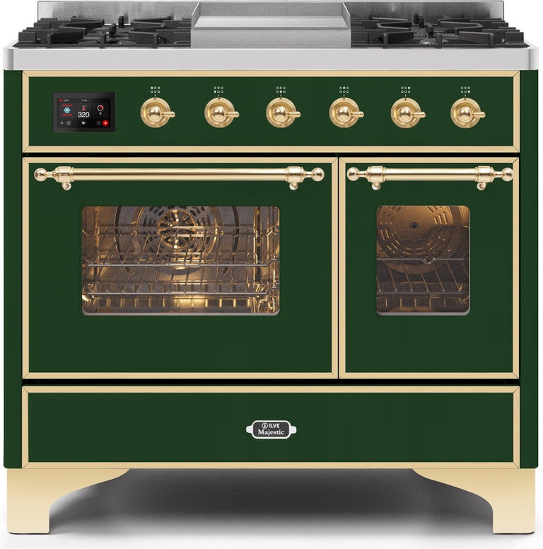 ILVE Majestic II 40" Dual Fuel Natural Gas Range in Emerald Green with Brass Trim, UMD10FDNS3EGG