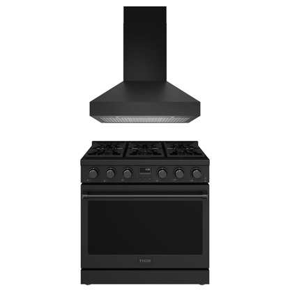 THOR Contemporary Package - 36" Gas Range and Range Hood in Black, AP-ARG36B