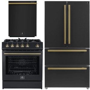 Forno Espresso Package - 30" Gas Range, 36" Refrigerator with Ice Maker and Dishwasher in Black with Antique Brass Accents