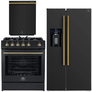 FORNO Espresso Package - 30" Gas Range, 36" Refrigerator with Water and Ice Dispenser and Dishwasher in Black with Antique Brass Accents