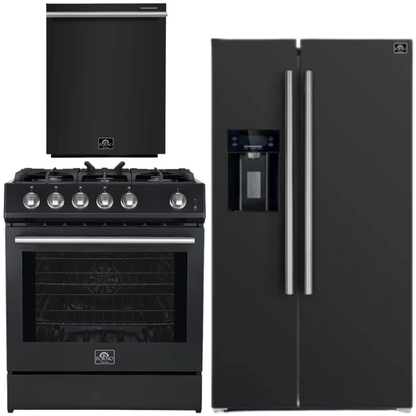 Forno Espresso Package - 30" Gas Range, 36" Refrigerator with Water and Ice Dispenser and Dishwasher in Black with Silver Accents