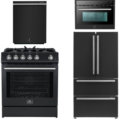 Forno Espresso Package - 30" Gas Range, 36" Refrigerator with Ice Maker, Dishwasher and 24" Microwave Oven in Black with Silver Accents