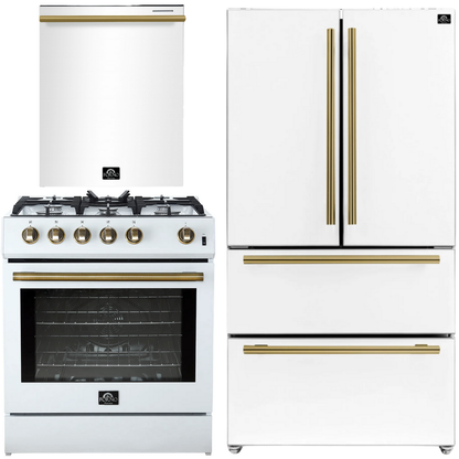 FORNO Espresso Package - 30" Gas Range, 36" Refrigerator with Ice Maker and Dishwasher in White with Antique Brass Accents