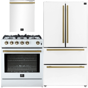 FORNO Espresso Package - 30" Gas Range, 36" Refrigerator with Ice Maker and Dishwasher in White with Antique Brass Accents