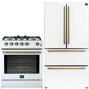 FORNO Espresso Package - 30" Gas Range and 36" Refrigerator with Ice Maker in White with Antique Brass Accents