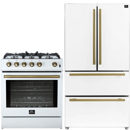 FORNO Espresso Package - 30" Gas Range and 36" Refrigerator with Ice Maker in White with Antique Brass Accents