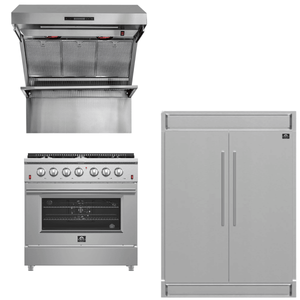 FORNO Appliance Package - 36 Inch Gas Range, Wall Mount Range Hood, 60 Inch Refrigerator, AP-FFSGS6244-36-4