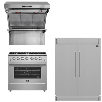 FORNO Appliance Package - 36 Inch Gas Range, Wall Mount Range Hood, 60 Inch Refrigerator, AP-FFSGS6244-36-4