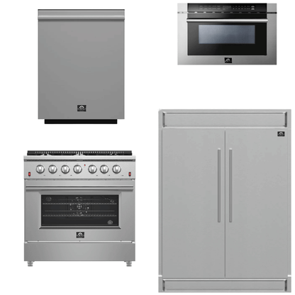 FORNO Appliance Package - 36 Inch Gas Range, 60 Inch Refrigerator, Microwave Drawer, Dishwasher, AP-FFSGS6244-36-7