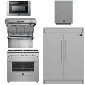 FORNO Package - 36 Inch Gas Range, Wall Mount Range Hood, Refrigerator, Microwave Drawer, Dishwasher, AP-FFSGS6244-36-8