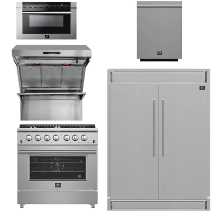 FORNO Package - 36 Inch Gas Range, Wall Mount Range Hood, Refrigerator, Microwave Drawer, Dishwasher, AP-FFSGS6244-36-8