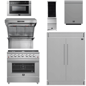FORNO Appliance Package - 36 Inch Gas Range, Range Hood, Refrigerator, Microwave Drawer, Dishwasher, Wine Cooler, AP-FFSGS6244-36-9