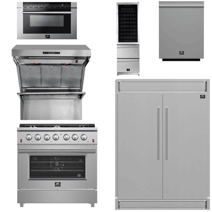 FORNO Appliance Package - 36 Inch Gas Range, Range Hood, Refrigerator, Microwave Drawer, Dishwasher, Wine Cooler, AP-FFSGS6244-36-9