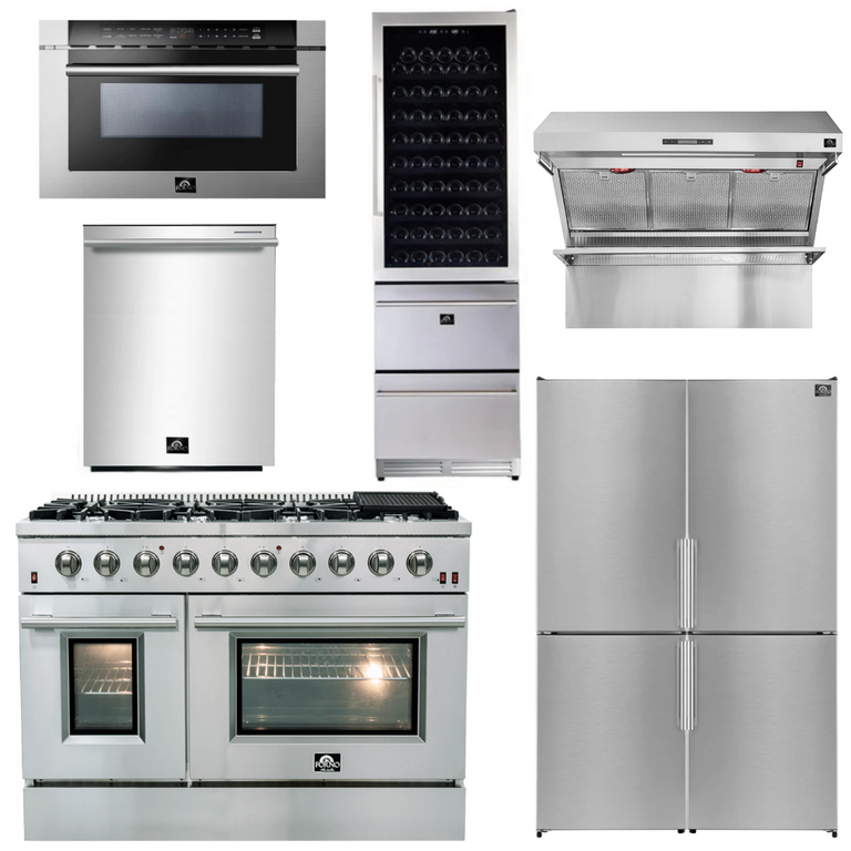 Forno Appliance Package - 48" Gas Range, 48" Range Hood, Dishwasher, 48" Refrigerator, Microwave Drawer, Wine Cooler, AP-FFSGS6244-48-14