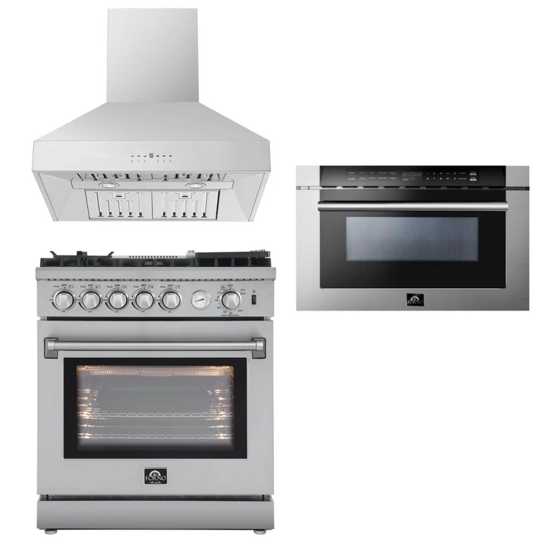 Forno Appliance Package - 30" Gas Range, 30" Range Hood, Microwave Drawer, AP-FFSGS6276-30-W-3