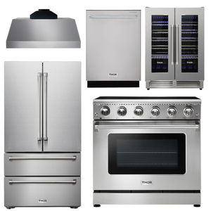 THOR Package - 36" Electric Range, Range Hood, Refrigerator, Dishwasher, Wine Cooler, AP-HRE3601-C-3