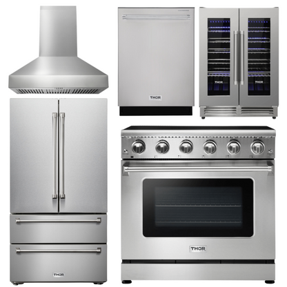 THOR Package - 36" Electric Range, Range Hood, Refrigerator, Dishwasher, Wine Cooler, AP-HRE3601-W-3