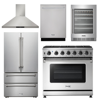 THOR Kitchen Package - 36" Gas Range, Range Hood, Refrigerator, Dishwasher, Wine Cooler, AP-LRG3601U-4