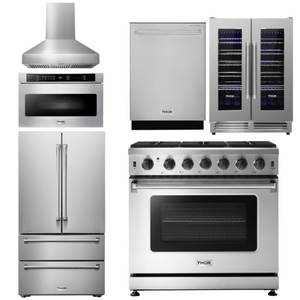 THOR Kitchen Package - 36 Inch Propane Gas Range, Range Hood, Microwave, Refrigerator, Dishwasher, Wine Cooler, AP-LRG3601ULP-W-6