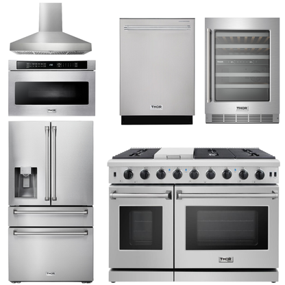 THOR Kitchen Package - 48" Propane Gas Range, Range Hood, Refrigerator, Dishwasher, Wine Cooler, Microwave