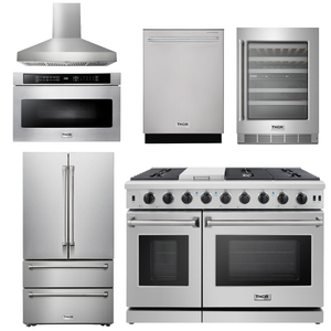 THOR Kitchen Package - 48" Gas Range, Range Hood, Refrigerator, Dishwasher, Wine Cooler, Microwave, AP-LRG4807U-W-6