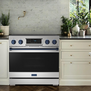 Gordon Ramsay by THOR Kitchen Package - 36" Electric Range, 30" Refrigerator with Ice Maker and Dishwasher in Stainless Steel with Navy Blue Accents, AP-RSE36-BLU-1