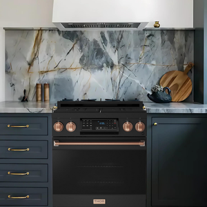 Gordon Ramsay by THOR Kitchen Package - 30" Gas Range, 30" Refrigerator with Ice Maker and Dishwasher in Black Matte with Rose Gold Accents, AP-RSG30B-RSG-1