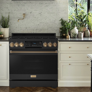 Gordon Ramsay by THOR Kitchen Package - 36" Gas Range, 30" Refrigerator with Ice Maker and Dishwasher in Black Matte with Bronze Accents, AP-RSG36B-BRZ-1