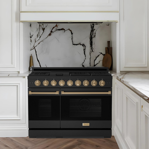 Gordon Ramsay by THOR Kitchen Package - 48" Gas Range, 30" Refrigerator with Ice Maker and Dishwasher in Black Matte with Bronze Accents, AP-RSG48EB-BRZ-1
