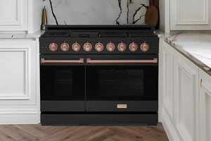 Gordon Ramsay by THOR Kitchen Package - 48" Gas Range, 36" Refrigerator with Ice Maker and Dishwasher in Black Matte with Rose Gold Accents, AP-RSG48EBLP-RSG-2