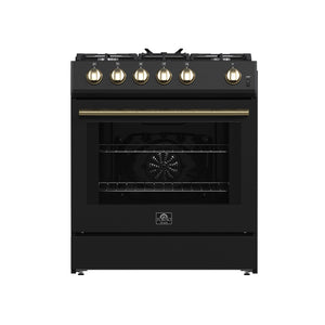 FORNO Espresso Package - 30" Gas Range, Range Hood, 36" Refrigerator with Ice Maker and Dishwasher in Black with Antique Brass Accents