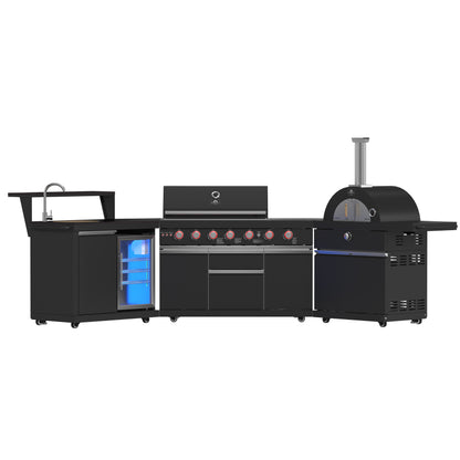 FORNO Outdoor Kitchen Set - Gas Grill with 4 Burners, Gas Pizza Oven, Sink Module/Beverage Center with Black Sintered Stone Countertop