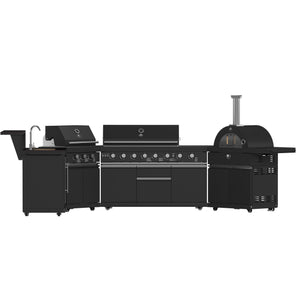 FORNO All’Aperto Outdoor Kitchen Set - 99,600 BTU Gas Grill with 5 Burners + Side Burner, Gas Pizza Oven, Sink Module/Beverage Center with Black Sintered Stone Countertop