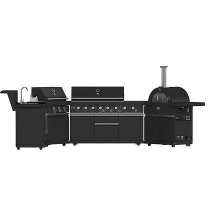 FORNO All’Aperto Outdoor Kitchen Set - 99,600 BTU Gas Grill with 5 Burners + Side Burner, Gas Pizza Oven, Sink Module/Beverage Center with Black Sintered Stone Countertop
