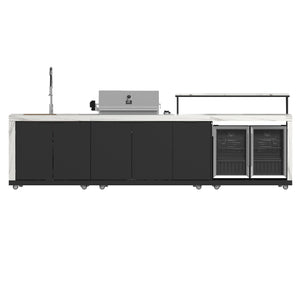 Forno Rimini Outdoor Kitchen - 30" BBQ, 62,600 BTU, 3 Burners with Sear & Rotisserie, 4.8 cu.ft. Beverage Center, Stainless Steel Double Sink, Black Cabinets & White Sintered Stone Countertops