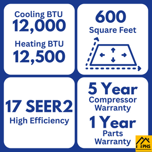 BHI 12,000 BTU 17 SEER2 Ductless Mini Split Air Conditioner with Heat Pump, 115-Volt, 16.4ft/25ft Line Set
