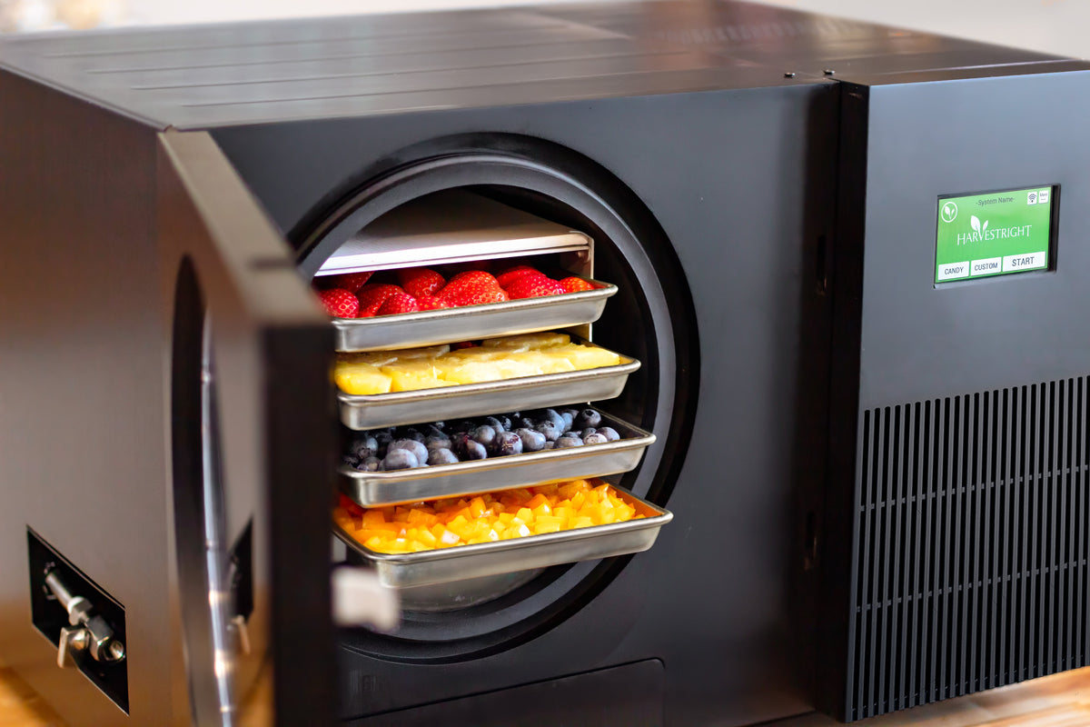 Close up of the Harvest Right Countertop 360 black freeze dryer