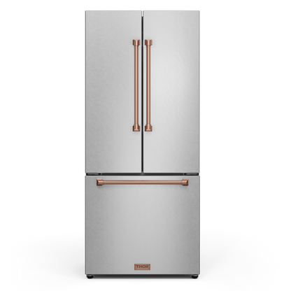 Gordon Ramsay by THOR Kitchen 30" 17.5 cu. ft. French Door Counter Depth Refrigerator with Ice Maker in Stainless Steel with Rose Gold Accents, RF3017FFD99-RSG