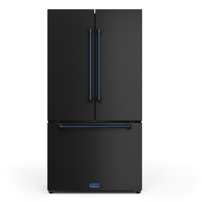 Gordon Ramsay by THOR Kitchen 36" 20.3 cu. ft. French Door Counter Depth Refrigerator with Ice Maker in Matte Black with Navy Blue Accents, RF3621CTD00-BLU