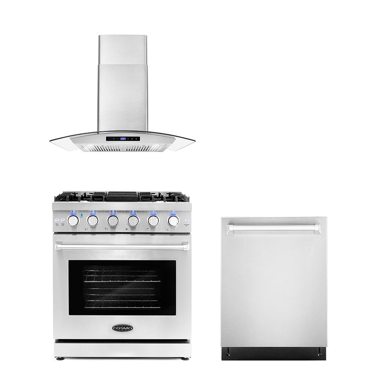 Cosmo Package - 30" Gas Range, Wall Mount Range Hood and Dishwasher, COS-3PKG-022